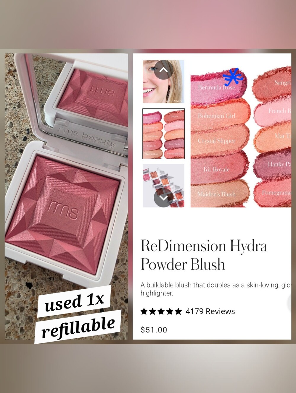 rms beauty ReDimension Hydrating Powder Blush - Bermuda Rose (Pink)